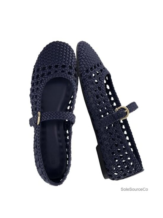 Shoes - Faux Leather Woven Mary Jane Ballet Flats Adjustable Strap Buckle Round Toe